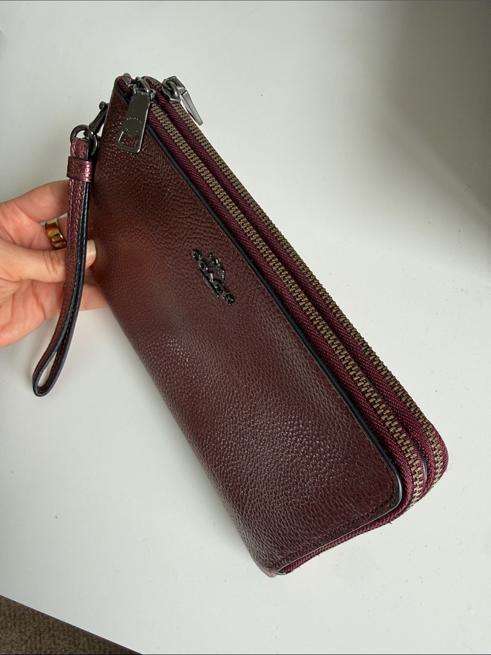 Coach Double Zip Wristlet in Metallic Burgundy
